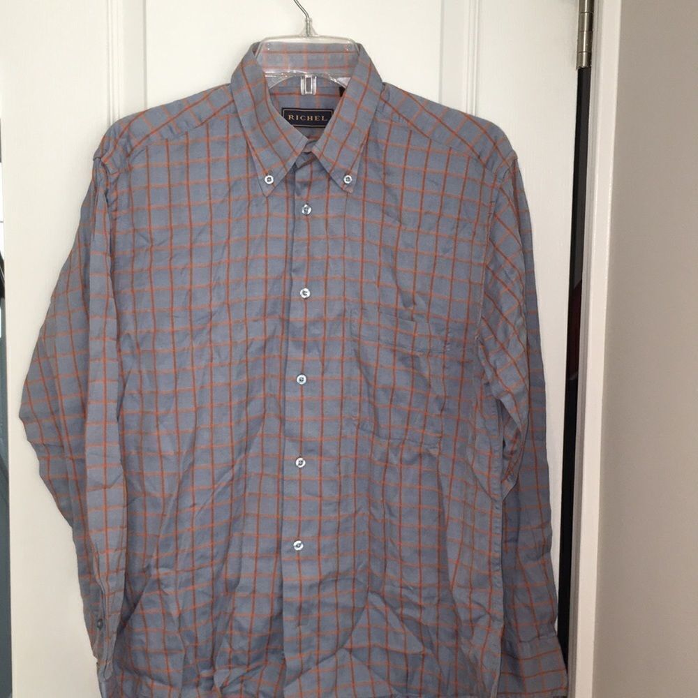 Richel Import Blue Orange Check Plaid LS shirt M